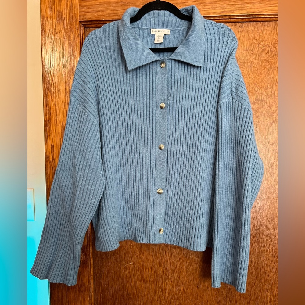 Sincerely Jules Cardigan Sweater
XL Blue Ribbed Knit Button Front
Collared